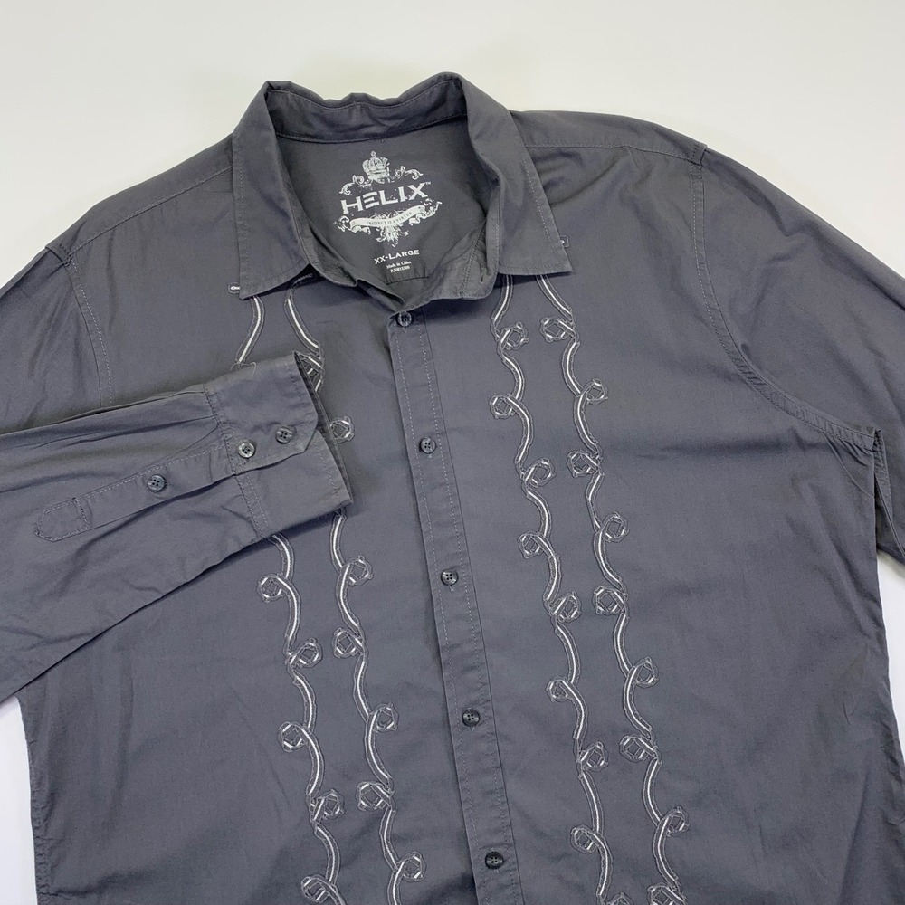 Helix Mens XXL Gray Long Sleeve Button Up‎ Shirt Embroidered Casual Goth Grunge